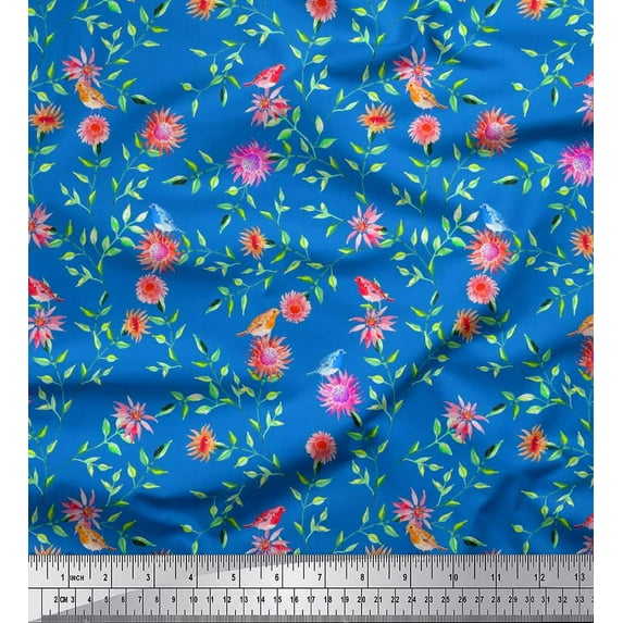 Soimoi Satin Silk Fabric Leaves & Floral Print Fabric by The Yard 42 Inch Wide