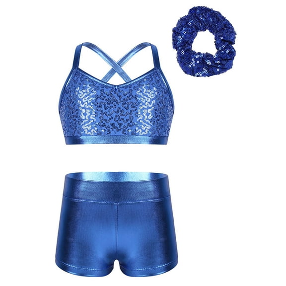 LiiYii Kids Girls Ballet Jazz Dance Outfit Gymnastic Crop Top with Shorts Hair Tie Set Light Blue 10