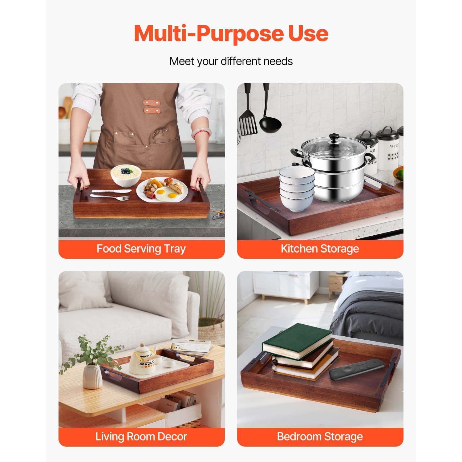 Wooden Serving Tray 17x12.2x1.97 Inch, Acacia Wood with Iron Handles, Durable Bonded Assembly, Versatile for Dining Table Kitchen Living Room Bar