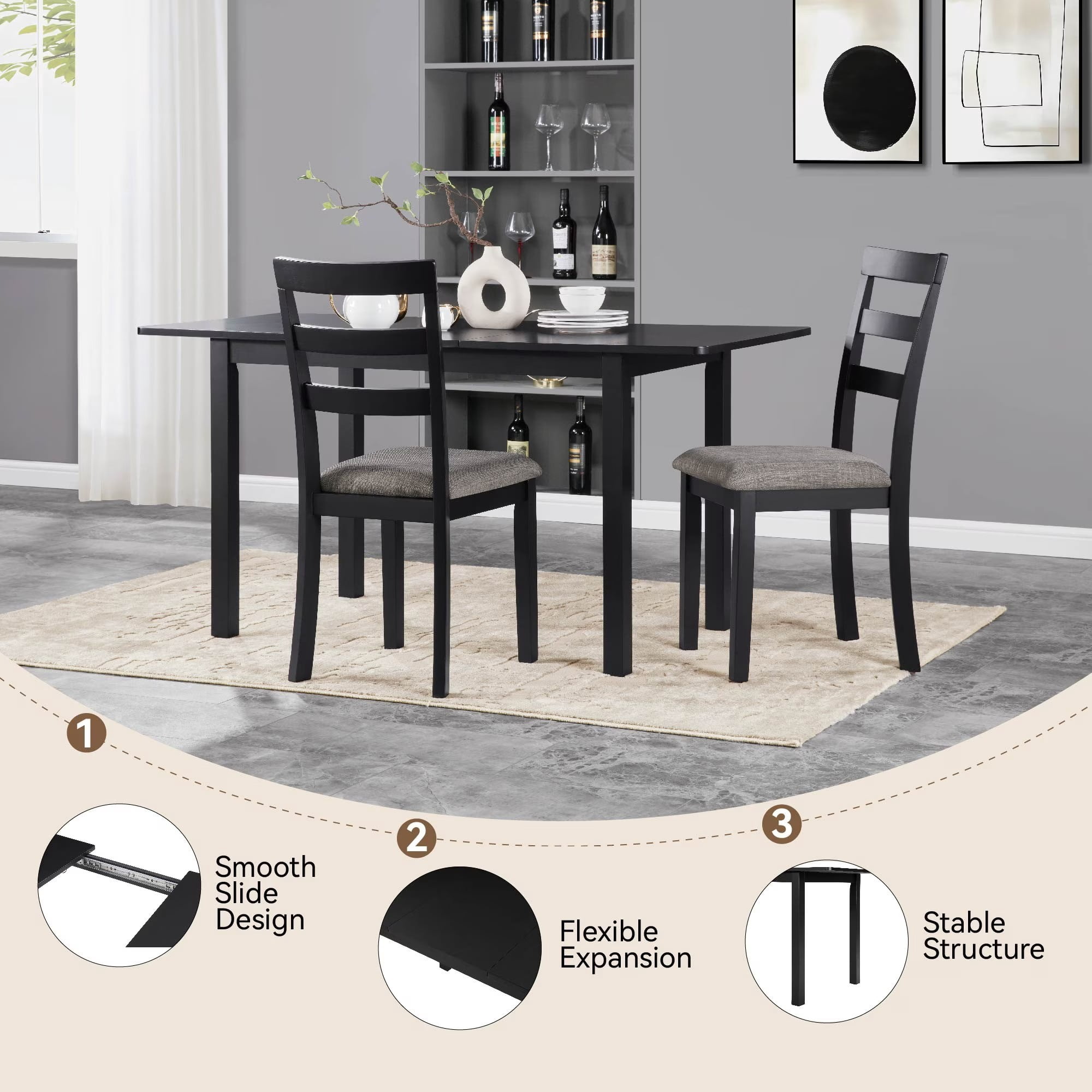 59" Extendable Dining Table, Modern Wooden Kitchen Table for 4-8 People, Expandable Dining Room Table, Multipurpose Home Office Desk for Small Space, Black