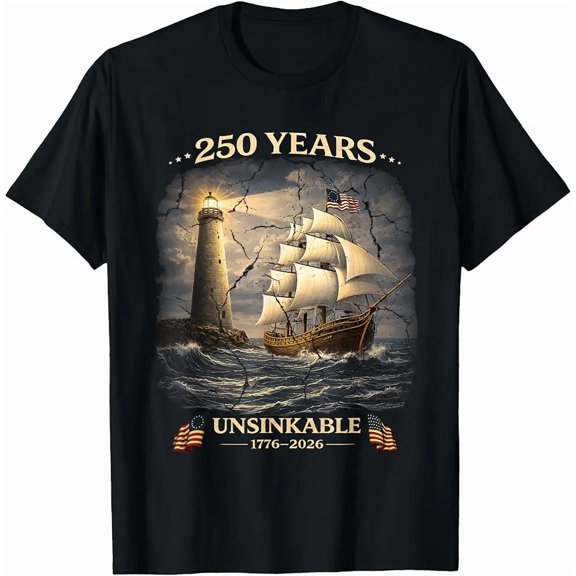 Men's Patriotic 250 Years Unsinkable America Lighthouse Ship T-Shirt