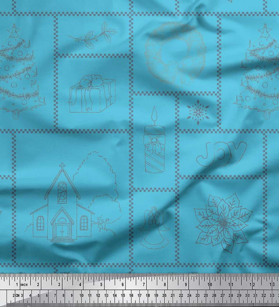 Soimoi Blue Cotton Duck Fabric Christmas Theme Party Printed Fabric 1 Yard 42 Inch Wide