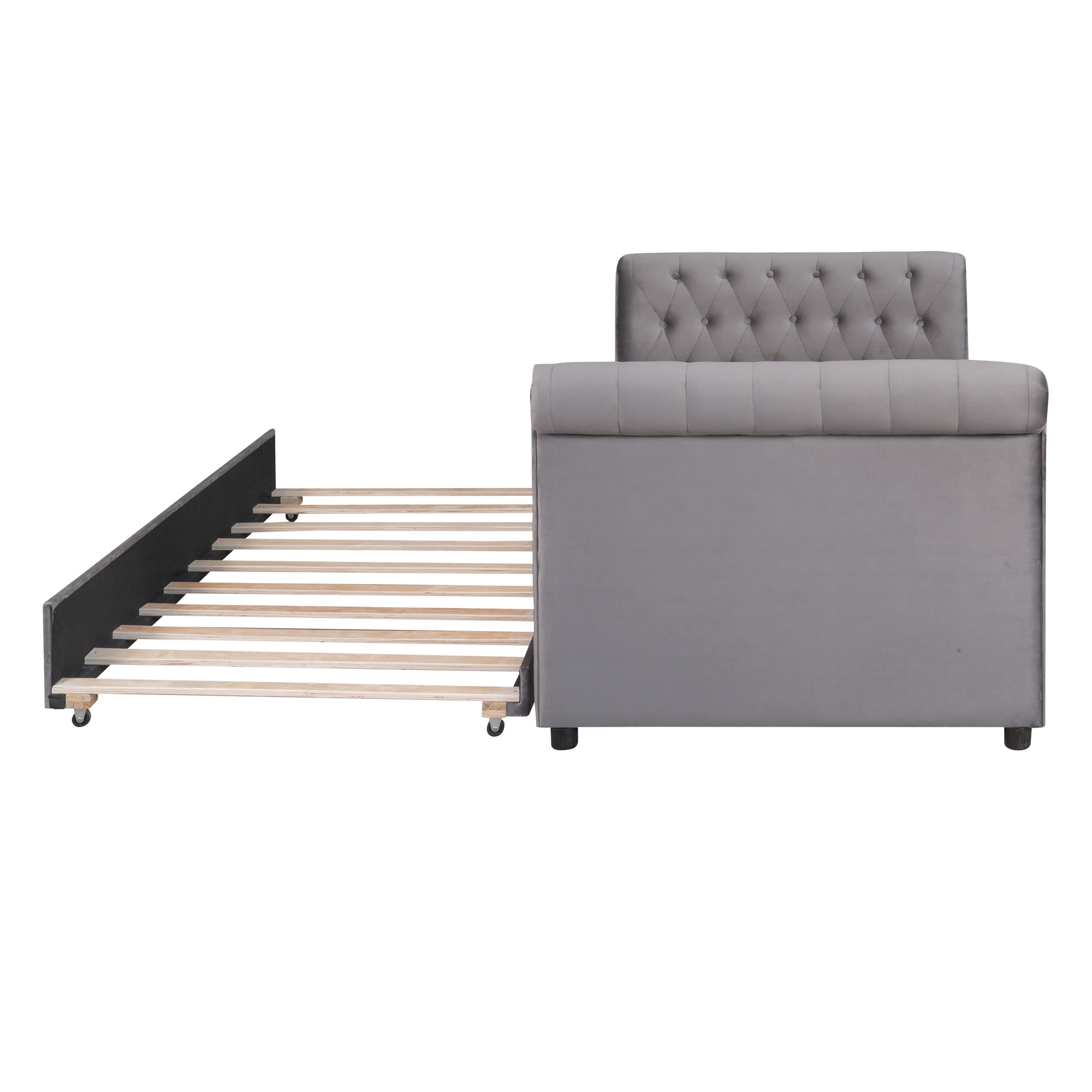 Aukfa Twin Size Upholstered Daybed with Trundle Bed, Velvet Button Tufted Sofa Daybed - Gray
