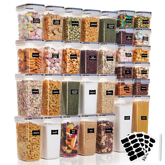 32 Pack Airtight Food Storage Containers Set, BPA Free Plastic Kitchen and Pantry Organization Canisters with Lids for Cereal, Dry Food, Flour and Sugar, Includes 32 Labels
