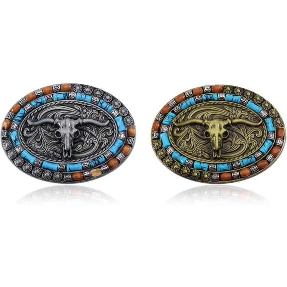 2 Pcs 2 Colors Turquoise Long Horn Bull Belt Buckles Alloy Smooth Buckles Belt Fastener