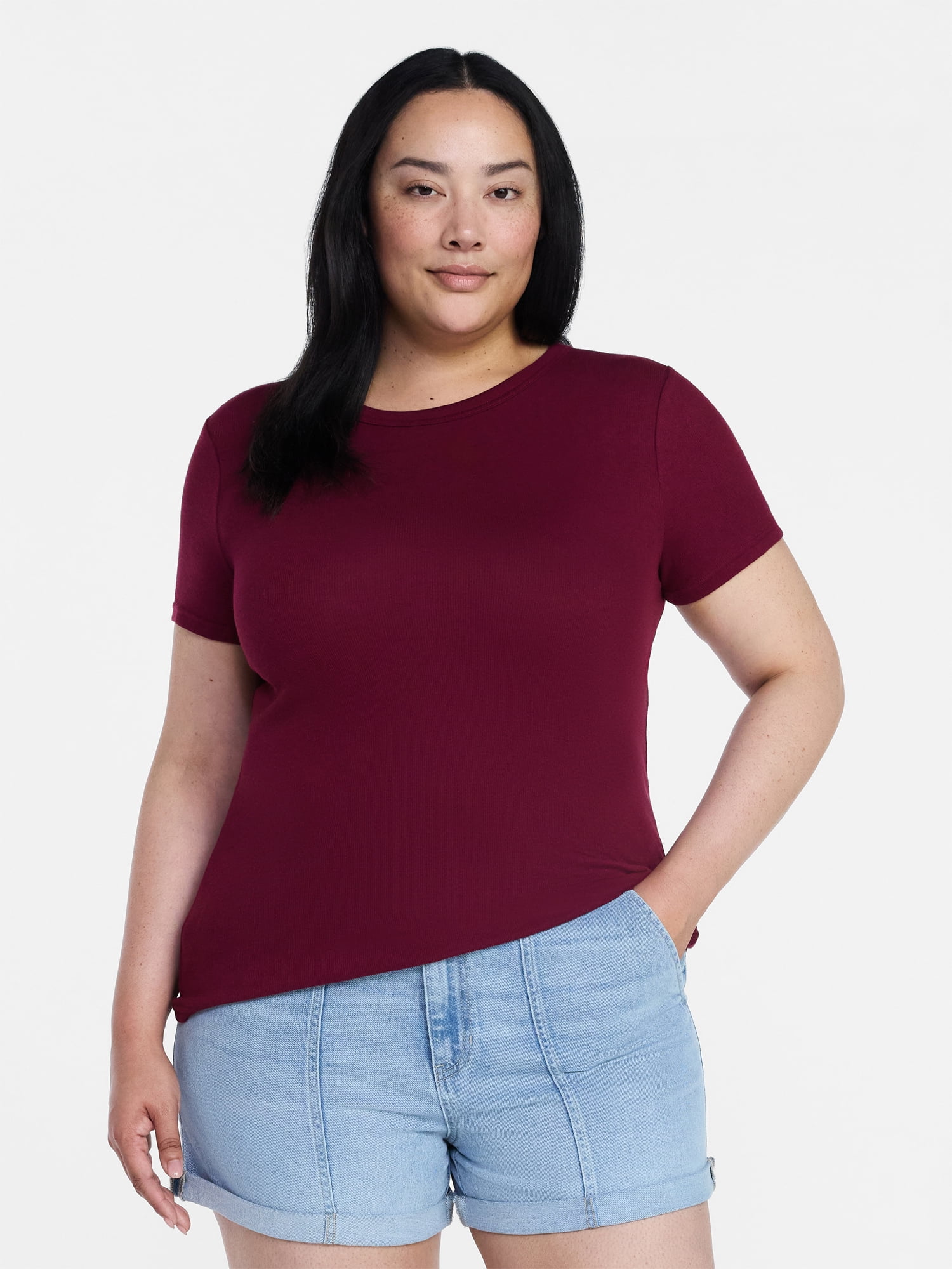 Time and Tru Women's Ribbed Tee with Short Sleeves, Sizes XS-XXXL