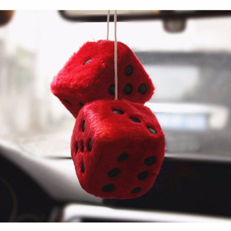 ODN Hanging Couple Fuzzy Plush Dice with Dots For Car Interior Ornament Decoration Red 
