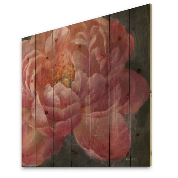 Designart 'Vivid Pink Peonies I' Shabby Chic Print on Natural Pine Wood
