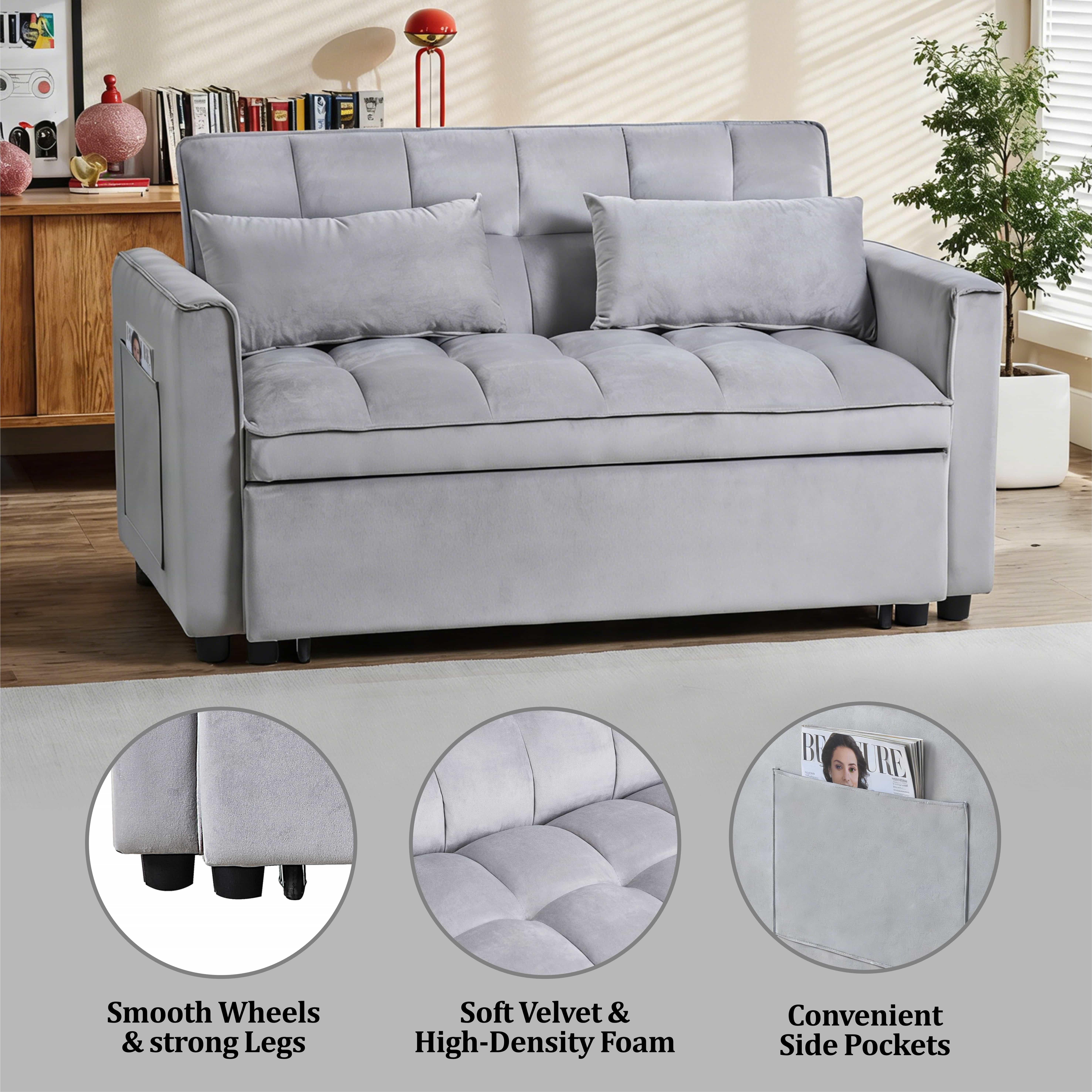 BSHTI 3 in 1 Modern Velvet Loveseat Sofa Bed-3-Position Adjustable Convertible Sleeper, Side Storage Pockets, Square Tufted, Easy Assembly, for Small Space Apartment,Silver Gray