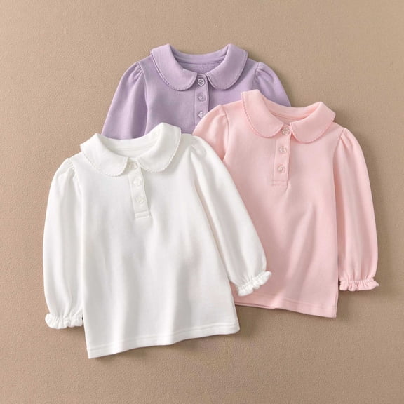 FASHOFT Toddler Girl Shirts Long Sleeve Solid Button Ruffle Collar Polo Top Gentle School Style All Season Daily Formal Wear Toddler Girl Fashion Tops Pink 2-3 Years