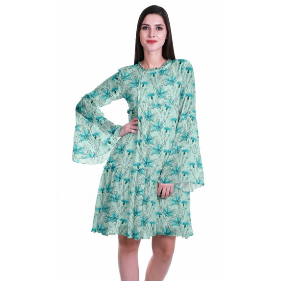 Moomaya Womens Long Sleeve Printed Knee Length Dress Flared Flowy Summer Dress