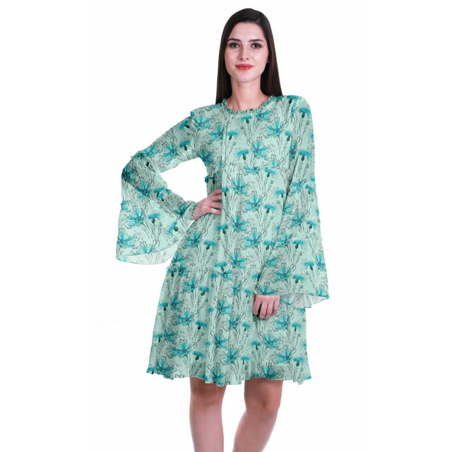 Moomaya Robe d'Été Fluide à Manches Longues Imprimée pour Femmes, Longueur Genou, Évasée