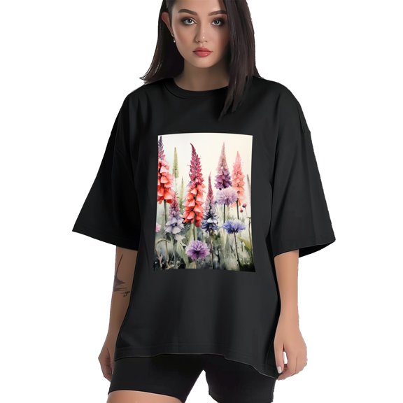 Plus Size Shirt for Women Black Tops for Women Short Sleeves Shirt for Women Flowers T Shirt Crewneck Shirt for Women XS