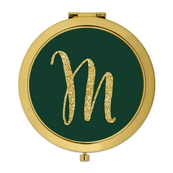 Koyal Wholesale Gold Compact Mirror Bridesmaid's Wedding Gift, Emerald Green, Monogram Letter M, 1-Pack