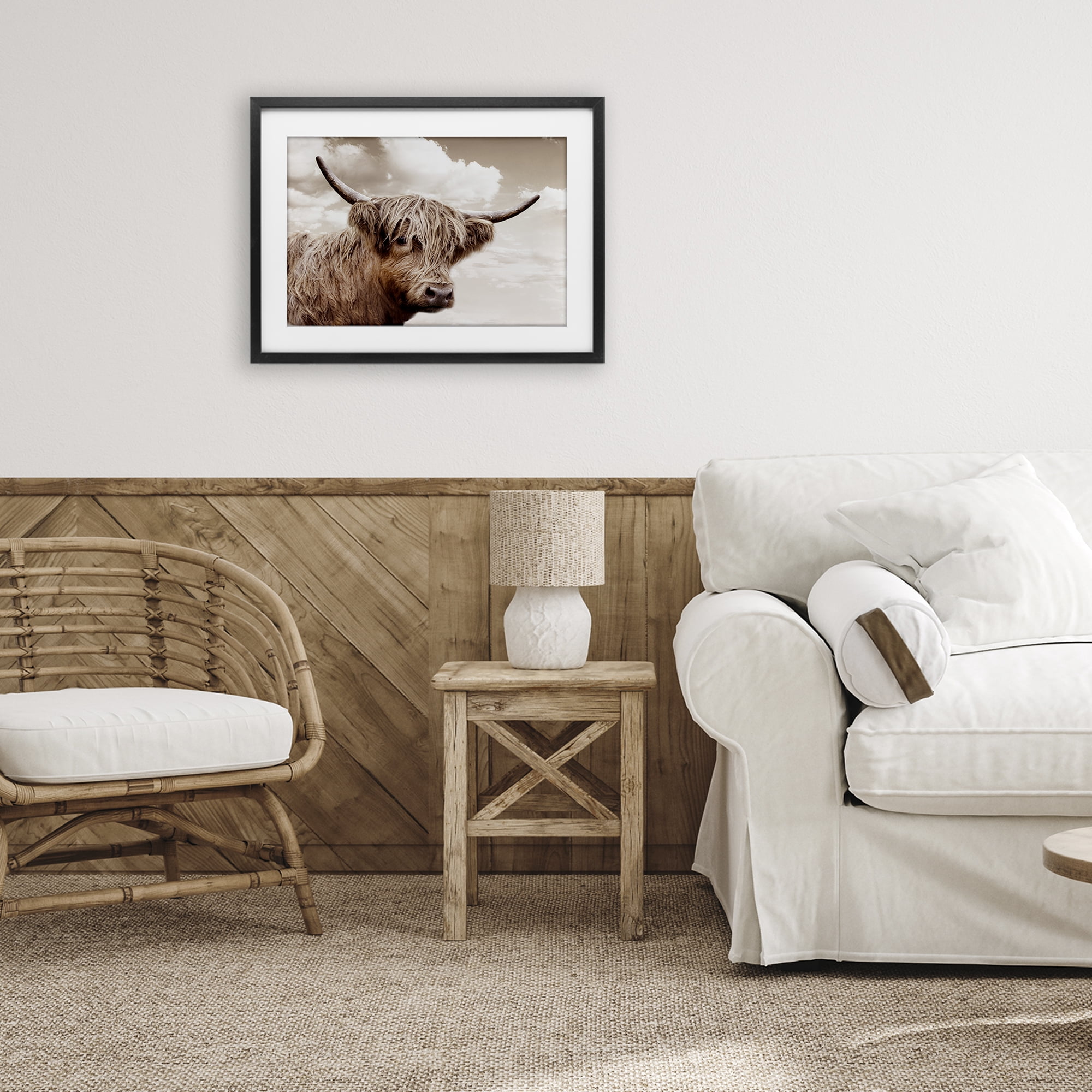 Stupell Industries Shaggy Highland Cow & Clouds Black Framed Print Under Glass, design by CAD Designs