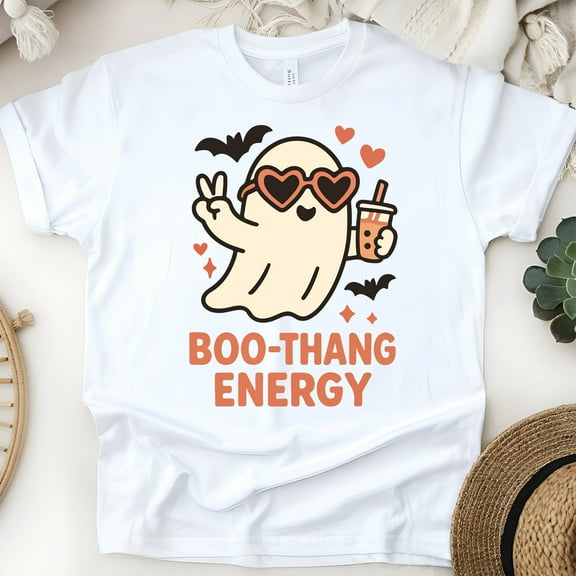 Boo Thang Energy Ghost Graphic Tee | Cute Bubble Tea Shirt for Women, White, Size S