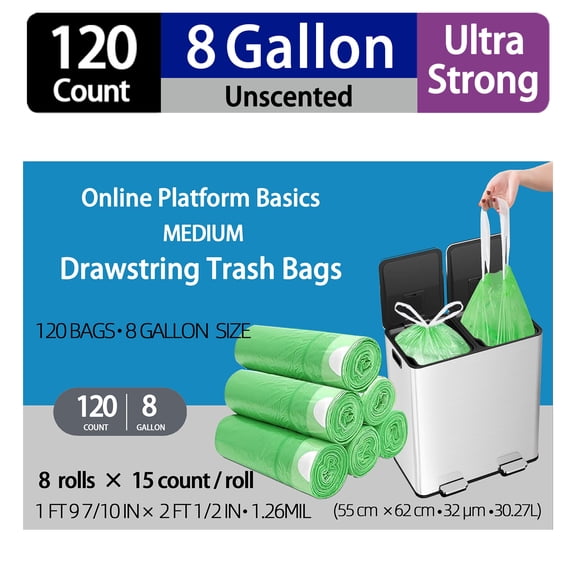 8 Gallon Medium Drawstring Trash Bags,Green & Unscented,Ultra Strong,120 Count,Regular Wastebasket Bags for Kitchen Bathroom Home Office Garbage Can Liners,Leakproof