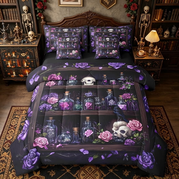 Homewish Magic Witchy Skull Shelf Twin Bedding for Women, Purple Rose Gothic Print Bedding Comforter Set, Black Reversible, 7pcs