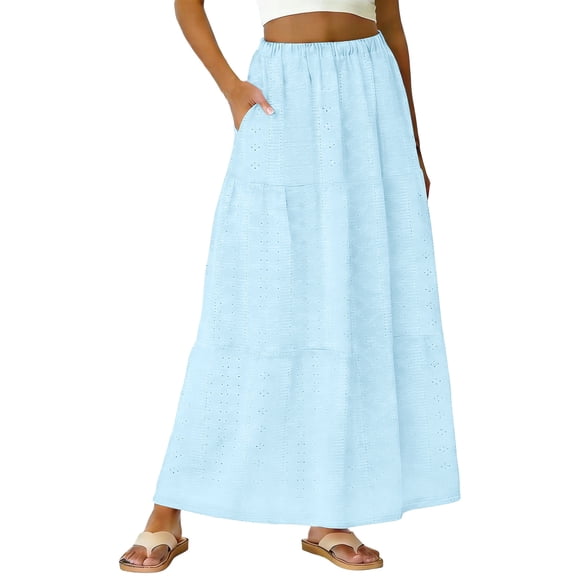 Hduncf Womens Casual Pleated Maxi Skirts Flowy Elastic High Waisted A-Line Long Skirts with Pockets Beach Vacation Blue S