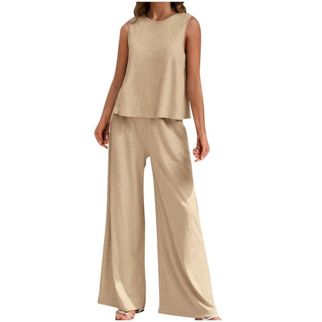 Timegard Ensembles 2 Pcs pour Femmes Débardeur Col Rond Pantalon Grand Taille Haute Tenues Décontractées Confortables