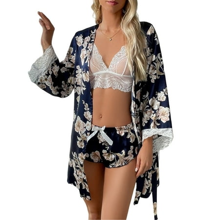 

DYMADE Women Lace Floral Printed Bra Set Shorts Homewear Bathrobe Pajamas