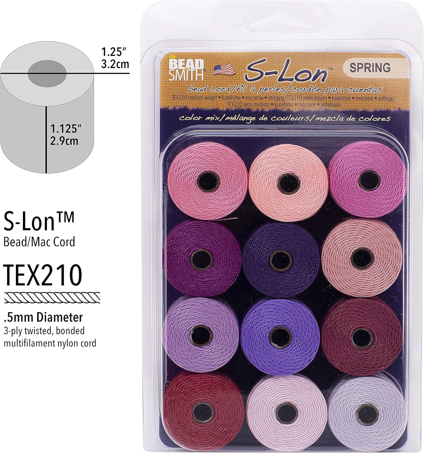 The Beadsmith S-Lon Bead Cord – .5 mm Nylon Cord, 12-Pack, Spring Mix, TEX210, 77 Yards