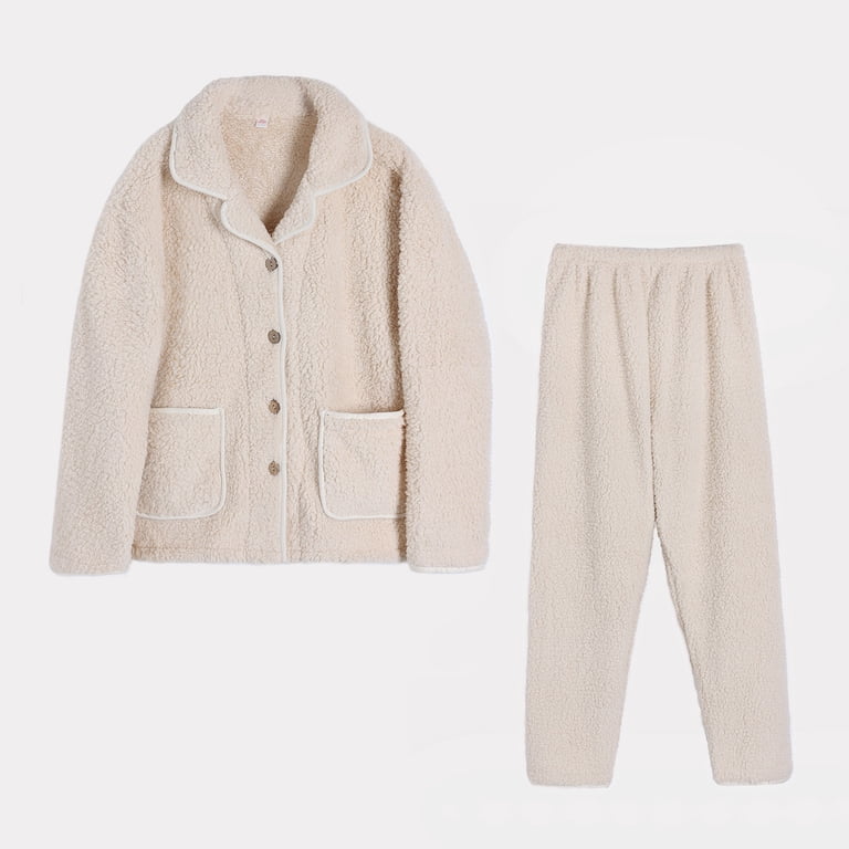 Women's Fuzzy Lounge Fleece Pajamas Sets Long Sleeve Notched Lapel