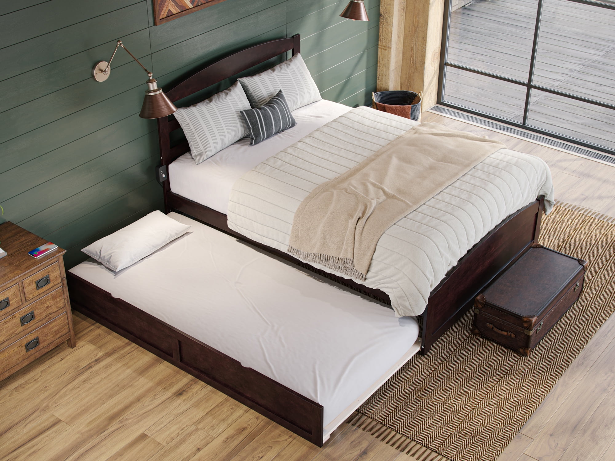 AFI Warren Full Wood Platform Bed with Headboard Footboard & Twin Trundle, Espresso