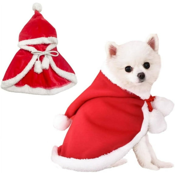 Pet Christmas Costume Poncho Cape with Hat, Santa Claus Cloak for Cats and Small Dogs, Red Christmas Dog Costume Holiday Cat Outfit