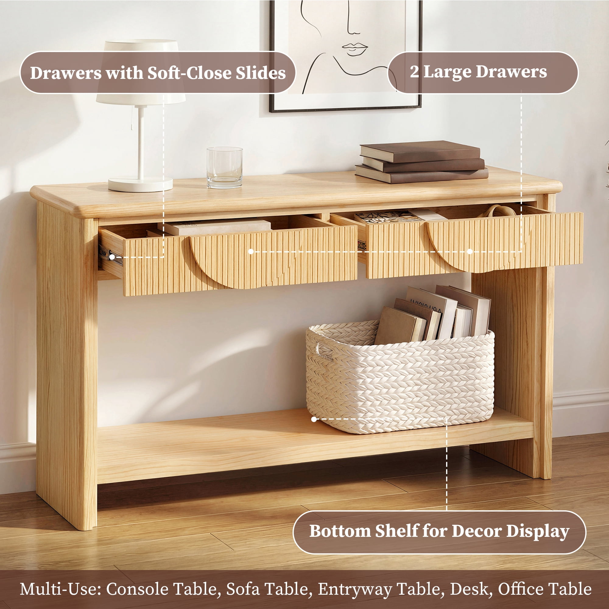Mintazer 55" Console Table with 2 Soft Close Drawers, Modern Fluted Semi-Circular Drawer Entryway Table with Open Bottom Shelf, Rounded Edge Sofa Table for Hallway Living Room, Natural
