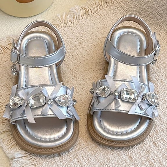 Girls Sparkly Rhinestone Bow Sandals Adjustable Buckle Ankle Strap Open Toe Summer Shoes For Toddler And Kids Silver Size 9.5-10 Years