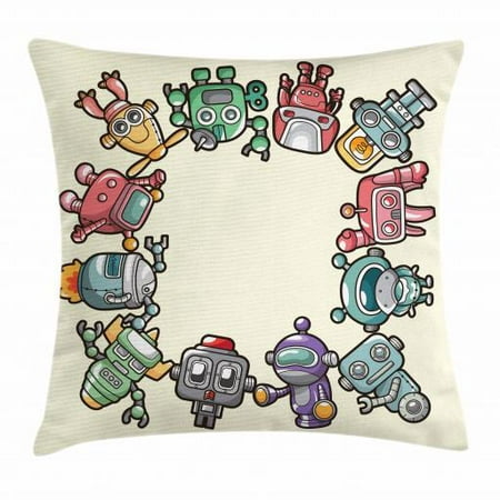 Kids Party Throw Pillow Cushion Cover, Friendly Robot Characters Circle Futuristic Sci Fi Machines Cute Children Toys, Decorative Square Accent Pillow Case, 18 X 18 Inches, Multicolor, by