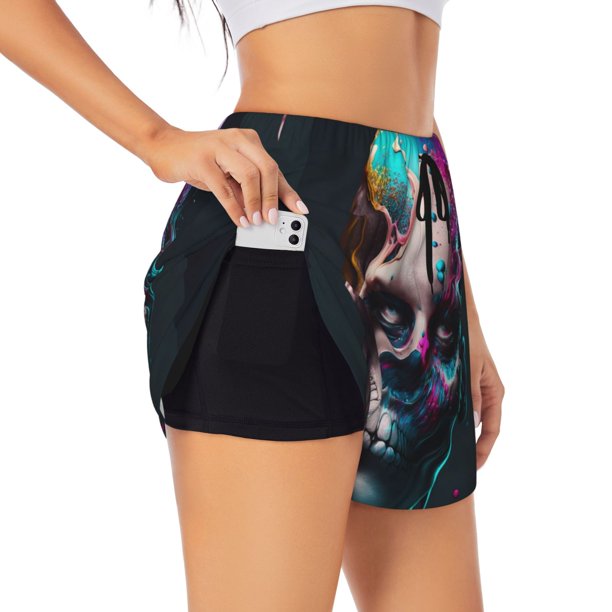 Balery Modern Abstract Colorful Skull B Pantalones cortos deportivos para mujer con forro y dos bolsillos, elásticos, para entrenamiento, gimnasio, yoga-Large