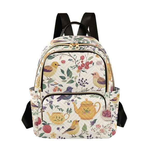 FORMRS Mini Backpack Purse for Women Travel Daypack Casual Shoulder Bag, Birds and Teapots