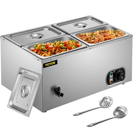 VEVORbrand Commercial Food Warmer 4x1/4GN  4-Pan Stainless Steel Bain Marie 24 Qt Capacity 1500W Steam Table 15cm/6inch Deep Temp. Control 86-185?  Electric Soup Warmer with Lids & 2 Ladles