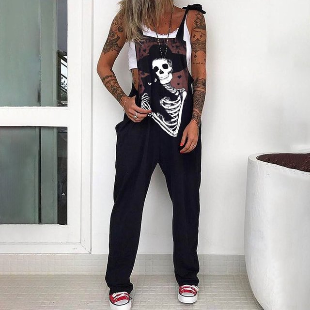 Mono punk con estampado de calavera para mujer Mono informal suelto con estampado de margaritas Mono