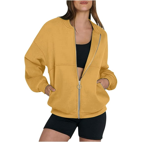 Zedker Women'S Zipper Long Sleeve Casual Coats, Hoodless Outdoor Sporty Zip Up Jackets with Two Side Pockets, Lightweight Fall Breathable Outerwear,Yellow,XXL