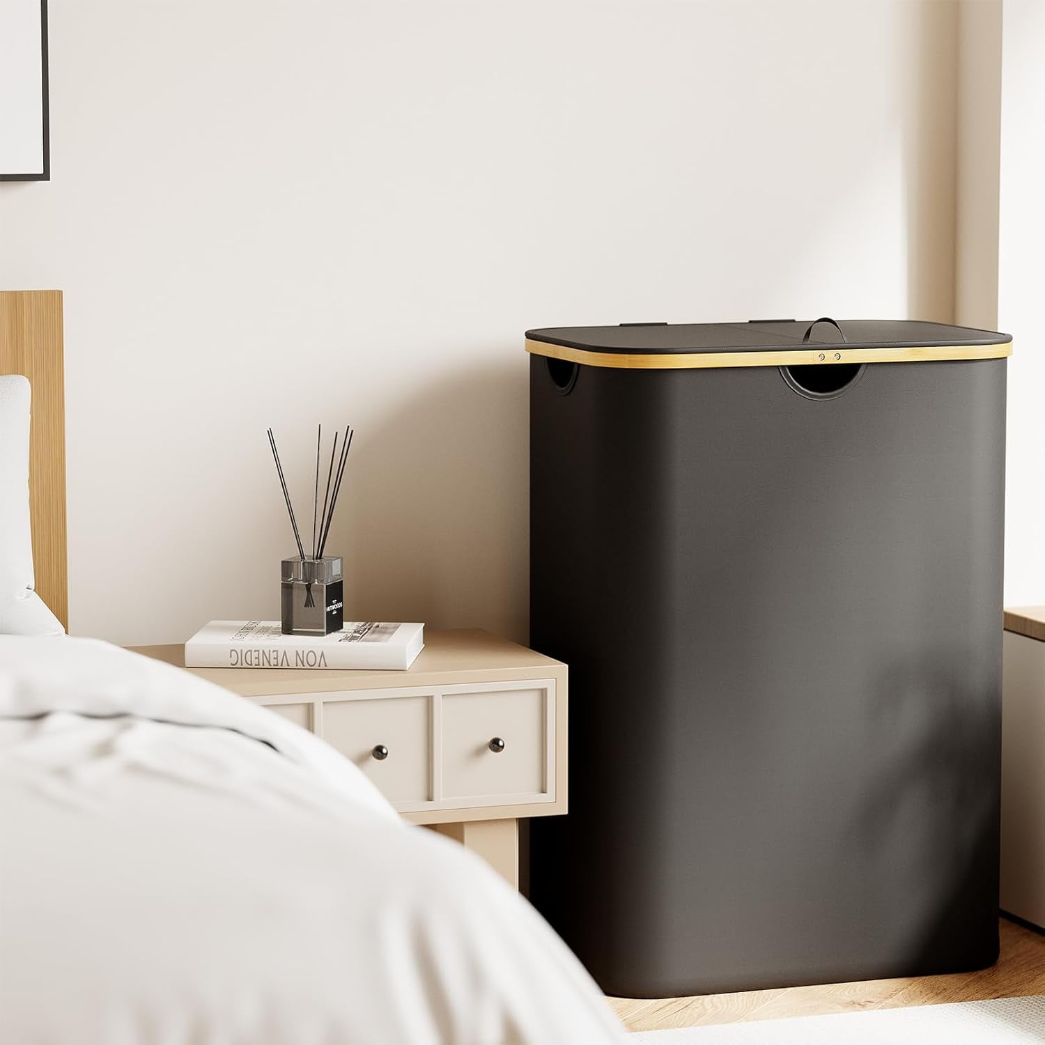 SpaceAid Double Laundry Hamper 2 Section with Lid and Removable Laundry Bags, 160L Clothes Basket, Black