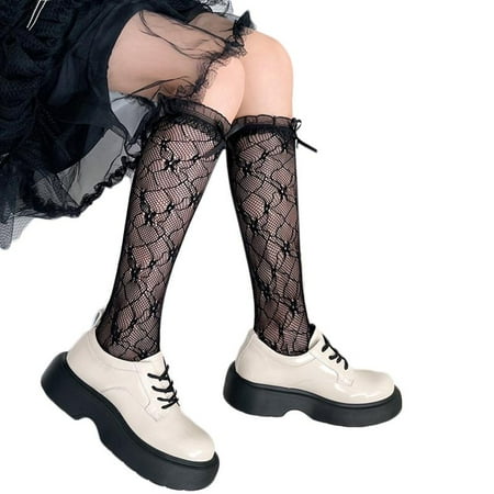 

ZPAQI Lolita Women Over Knee Socks Ruffled Lace Trim Bowknot Floral Fishnet Stockings