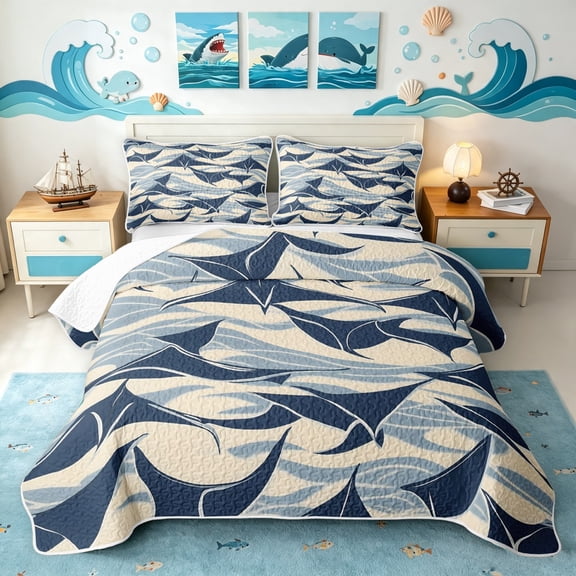 Manfei Abstract Manta Ray Twin Quilt Set, Ocean Wave Twin Coverlet Set, Cream Navy, 2 Pieces, 1 Bedspread and 1 Pillowcase