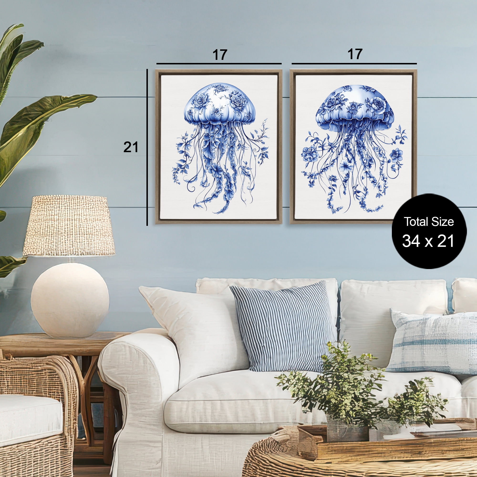Funky Florals Toile Jellyfish 2 Piece Brown Framed Floater Canvas Set, design by Lettered and Lined