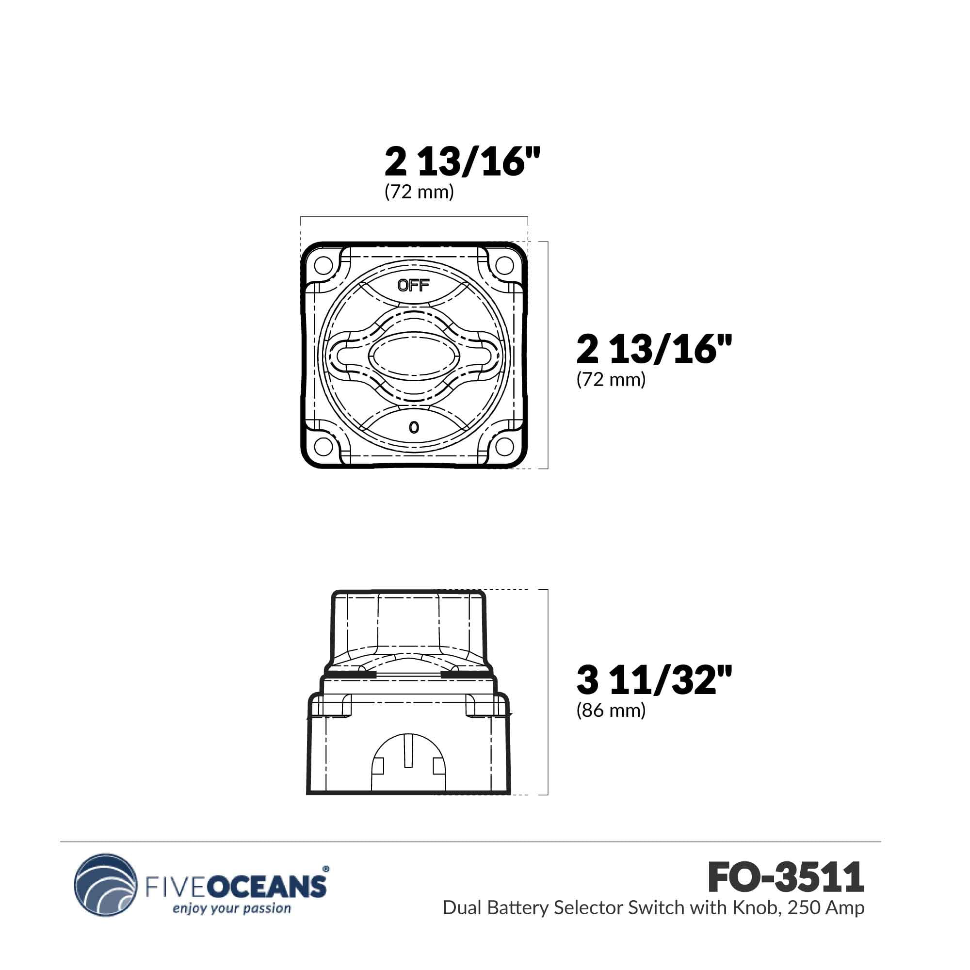 Five Oceans Battery Disconnect Switch, Marine Dual Battery Switch Off-1-2-Both with Knob, 250 Amp Continuous 350 Amp Intermittent, 12-24 Volts FO3511