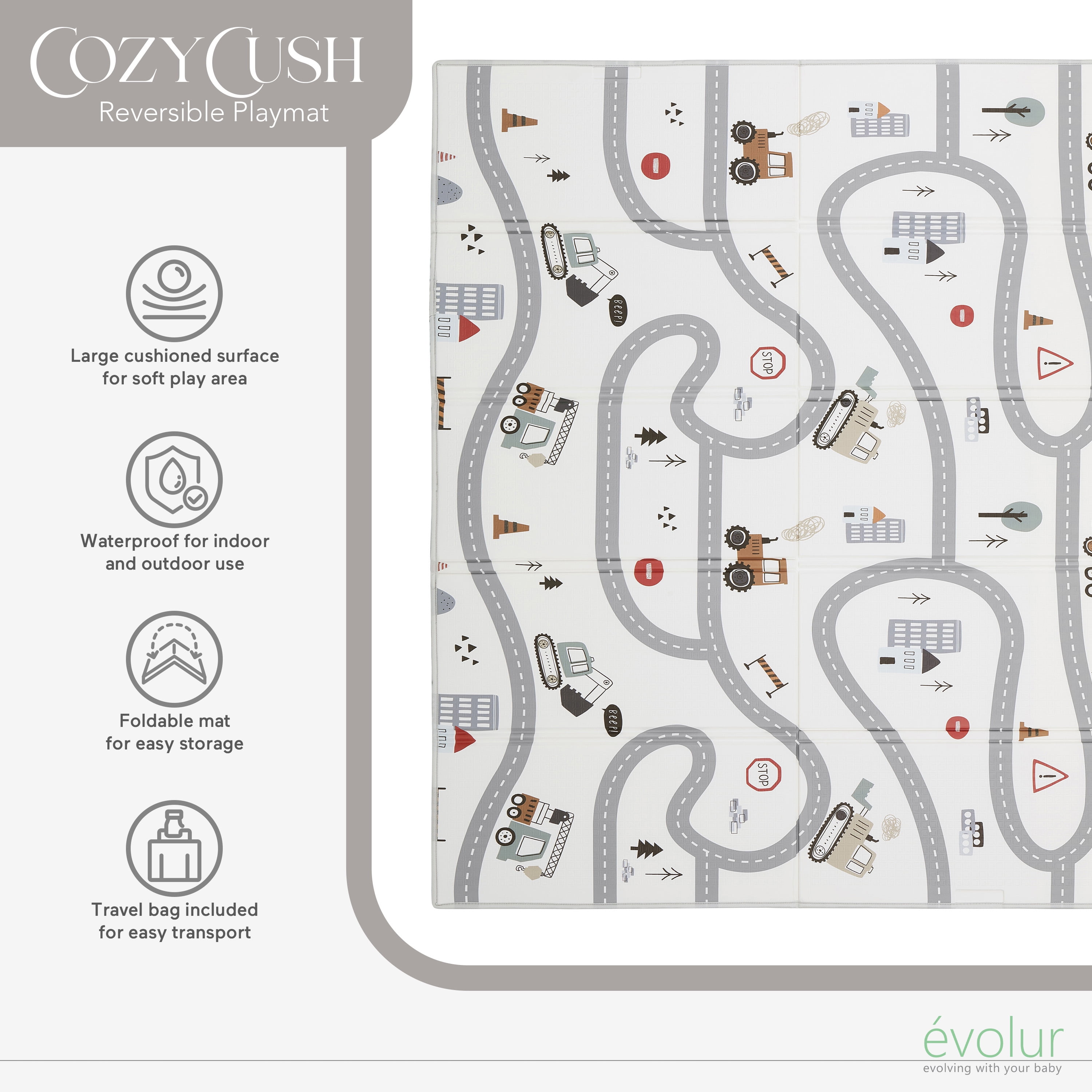 Evolur CozyCush Reversible Non-Toxic Baby Kids Playmat , WorkZone