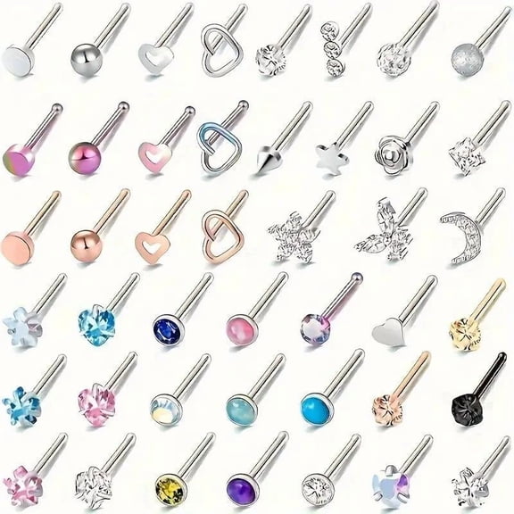 44Pcs Nose Rings Studs Nose Rings for Women Nose Piercings Jewelry Surgical Stainless Steel Nose Studs Moon Star Heart Butterfly Hypoallergenic Body Piercing Jewelry for Women Men