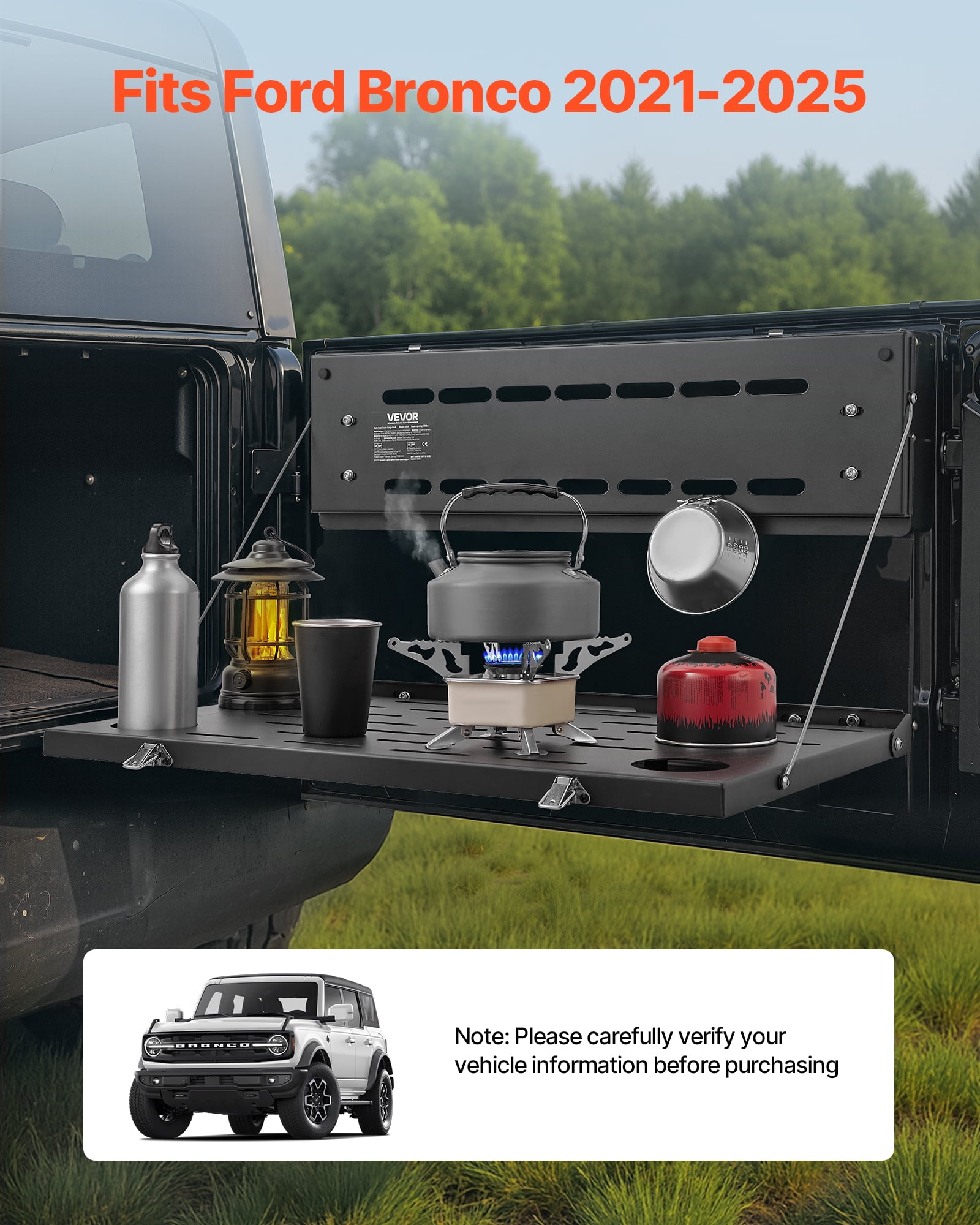 VEVOR Tailgate Table, for 2021-2025 Ford Bronco, 88 lbs Load Capacity, Carbon Steel Foldable Molle Panel Drop Down Table, Rear Door Cargo Storage Rack Shelf Luggage Holder Carrier Camping Accessories