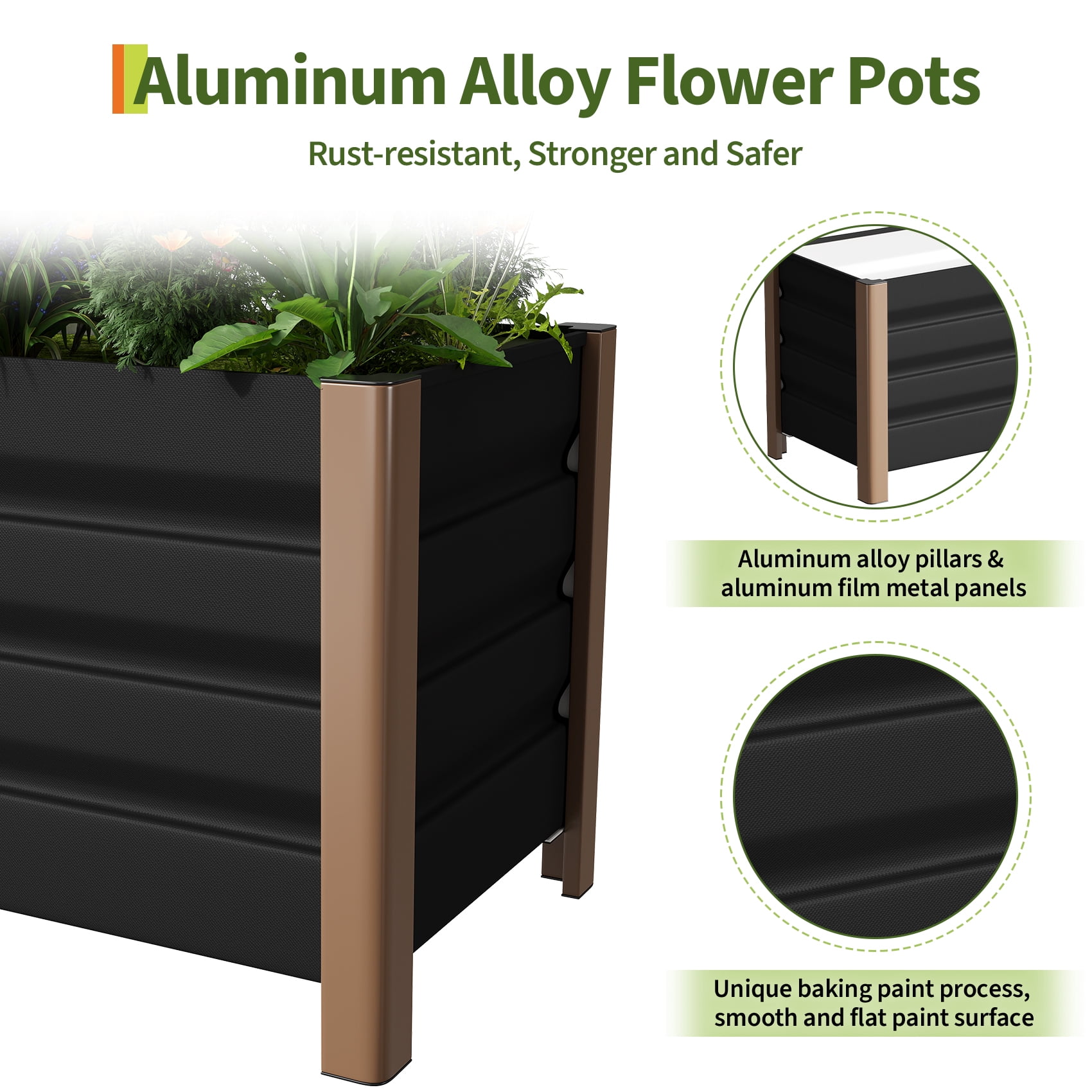 Weatherproof Aluminum Raised Garden Bed Planter Box -  Rounded Corners, Single-Layer Design, Drainage Holes, Anti-Cut Edging - Ideal for Outdoor Patio, Balcony, Lawn Planting