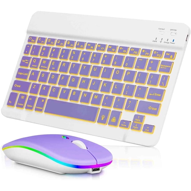 Innotech SC Combo de Teclado y Mouse Bluetooth Recargable, Retroiluminado a 7 Colores, Juego de Teclado de Mouse Inalámbrico Compacto Portátil Ultradelgado para Android, Windows, Tableta, Teléfono Celular, iPad 13 y Superior, Morado