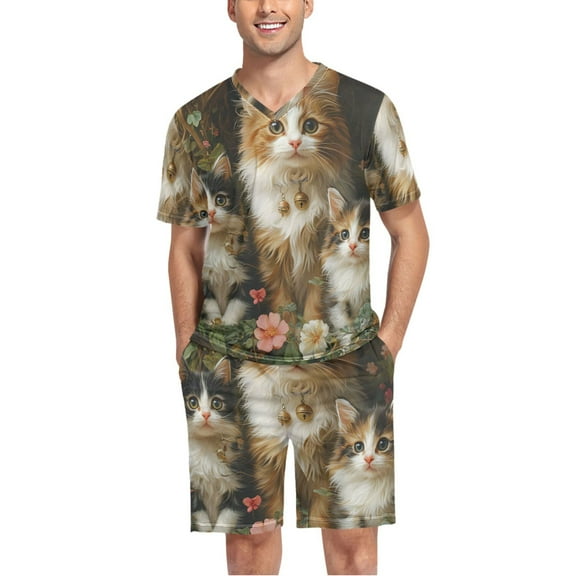joogoo Men's Pajama Set Cute Cats in Garden V-Neck Pj Shorts Set 2 Piece Loungewear Sleepwear L