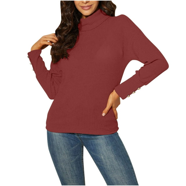 Lenpel Chandails à Col Roulé pour Femmes Légers à Manches Longues Ajustés en Tricot Côtelé Chandails à Enfiler Hauts Tenues d'Automne (Rouge, Moyen)