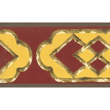 Dundee Deco Prepasted Wallpaper Border - Abstract Maroon, Yellow, Brown Bamboo Trellis, 15 ft x 5.3 in